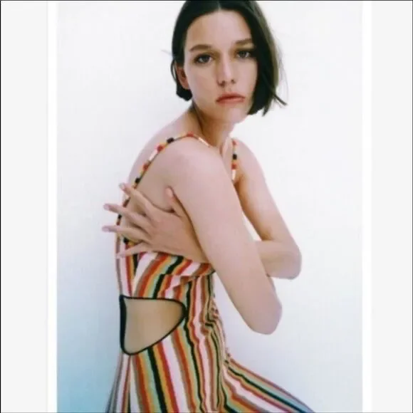 Zara Knit Terrycloth Striped Jumpsuit Womens Side Cut Out Rainbow Cotton - Picture 3 of 11